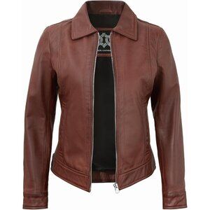 Women's Real Lambskin Outwear Jackets Stylish Turn Down Collar Brown Leather